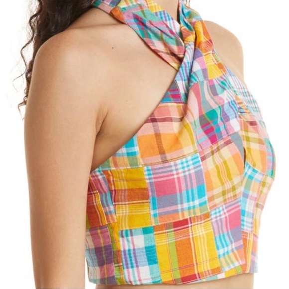 STAUD Kai Twist Colorful Cotton Patchwork Plaid Halter Top - Picture 1 of 4